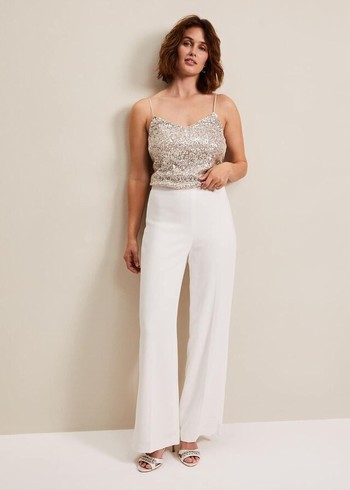 Phase Eight Beatriz Satin Wide Leg Bridals Trousers White USA | 3495870-TZ